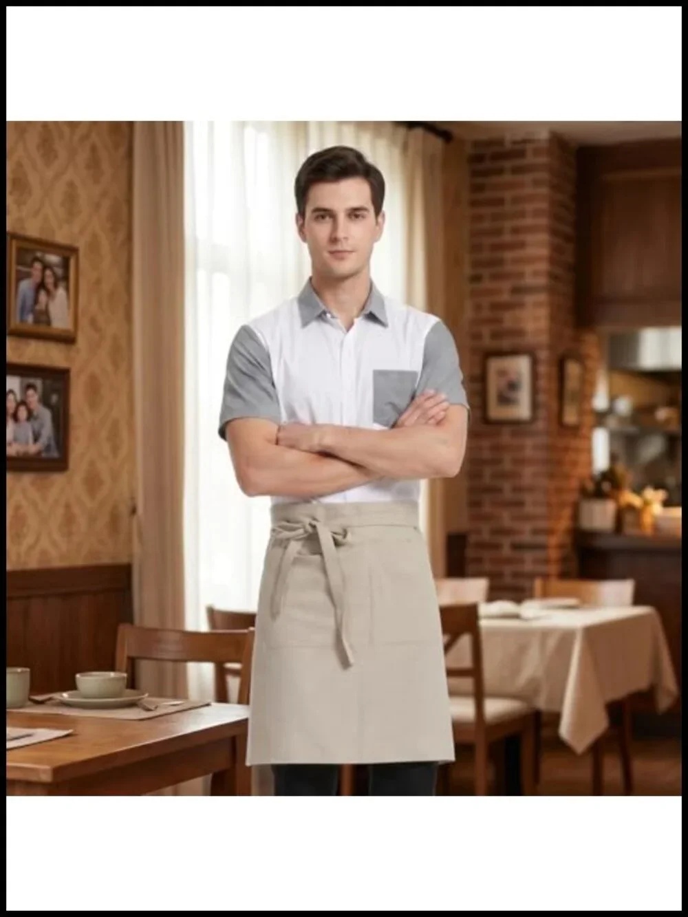 Cotton Linen Half Apron with 2 Large Pockets Bistro Server Apron Unisex Waist